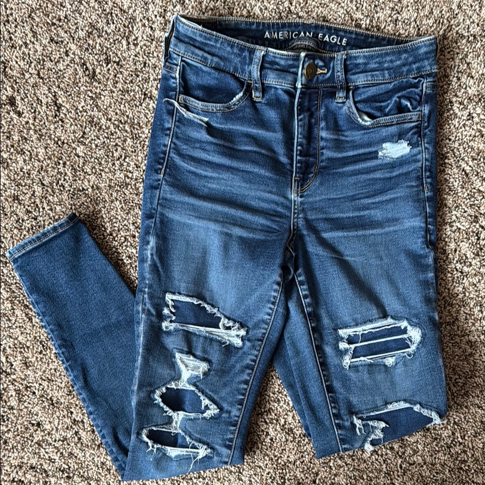 American Eagle Outfitters Blue Skinny Jeans with Distressed Details